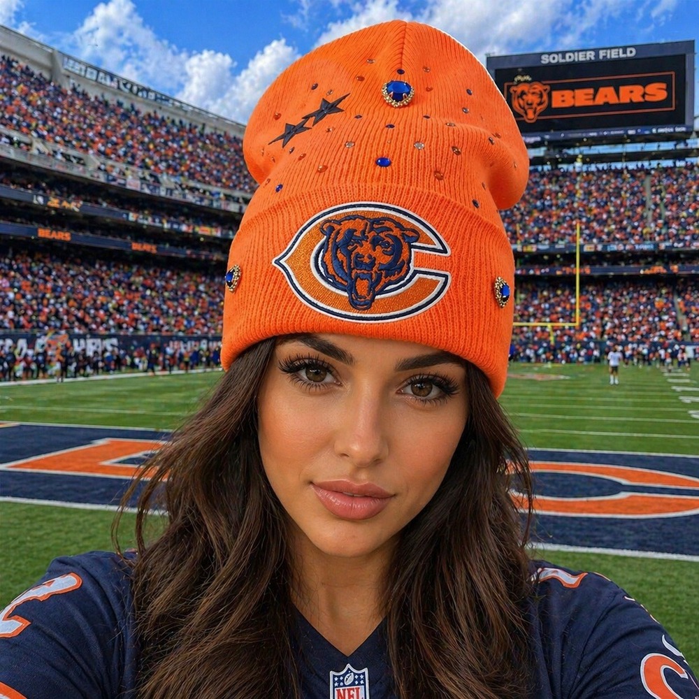 Chicago Bears Beanie Orange design with‎ logo, stars & rhinestones